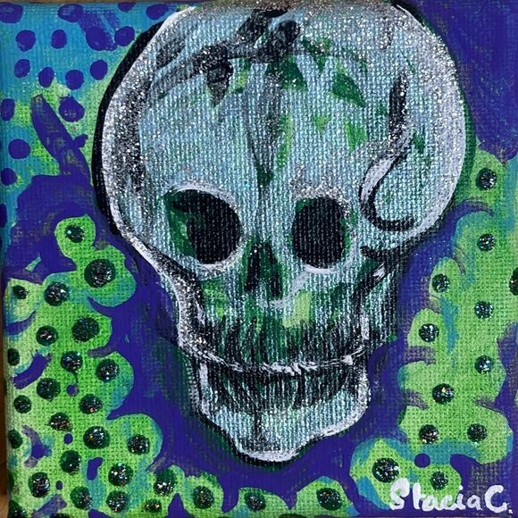 Original Acrylic Painting 4x4 Purple and Green and Silver Skull Painting - Picture 1 of 9